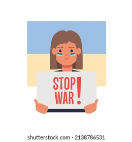 Niño ucraniano dice Alto a la guerra,Dibujo de dibujos animados Vector. Niño vestido con los colores de la bandera ucraniana con la palma arriba y las letras detienen la guerra.
