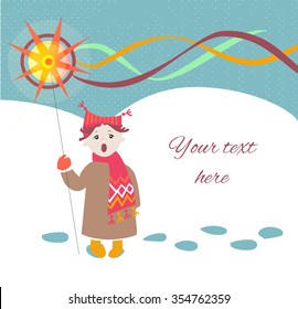 Ukrainian Christmas vector postcard(boy singing Ukrainian national song)