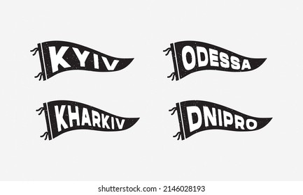 Ukrainian cities pennants of the Kyiv, Odessa, Kharkiv, Dnipro. Retro colors labels. Vintage hand drawn wanderlust style. Isolated on white background. Good for t shirt, mug, other identity. 