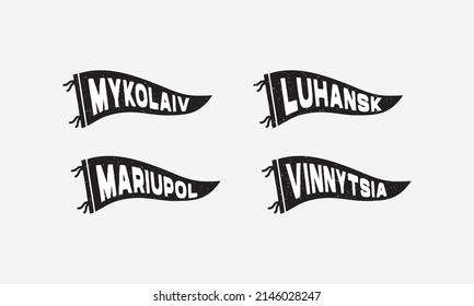 Ciudades ucranianas colindantes de Mykolaiv, Luhansk, Mariupol, Vinnytsia. Etiquetas de colores retro. Estilo vagabundo dibujado a mano vintage. Aislado sobre fondo blanco. Bien por camiseta, taza, otra identidad. 