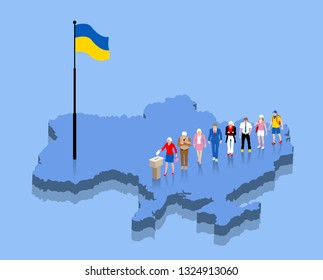 Ukrainian citizens are voting for election over a Ukraine map. All the objects, shadows and background are in different layers. 