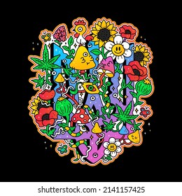 Ukrainian coat of arms with magic mushrooms,flowers t-shirt print design. Vector cartoon character illustration. Trippy,magic mushrooms,psychedelic print for t-shirt,poster,sticker,logo concept