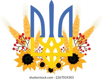 Ukrainian coat of arms trident against the background of viburnum, sunflowers and wheat