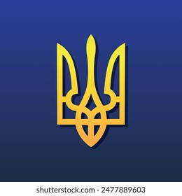 Ukrainian coat of arms - trident in a golden gradient on a blue gradient background.