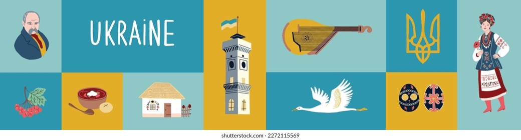 Ukrainian collection with national symbols with hut, borsch, viburnum, Guildhall, Townhall Or Tower With Ukrainian Flag, Taras Shevchenko, bandura. Stylish Banner for design.