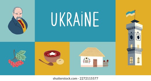 Ukrainian collection with national symbols with hut, borsch, viburnum, Guildhall, Townhall Or Tower With Ukrainian Flag, Taras Shevchenko. Stylish Banner for design.