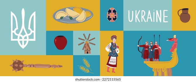 Ukrainian collection with national symbols with pysanka, dumplings, The Monument to the Founders of Kyiv, mace . Stylish Banner for design.