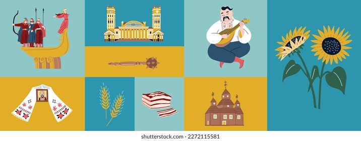 Ukrainian collection with national symbols with sunflowers, lard, mace, kozak, wooden church, The Monument to the Founders of Kyiv. Stylish Banner for design.