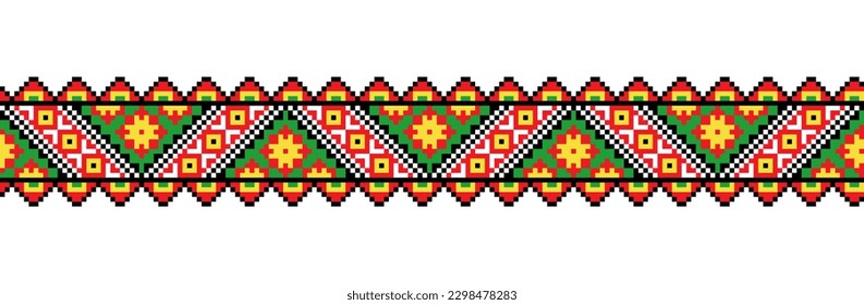 Ukrainian colorful embroidery vector pattern. Carpathian Lemky ornament. Pixel art, vyshyvanka, cross stitch. Ukrainian folk, ethnic border ornament, textile of fabric print.