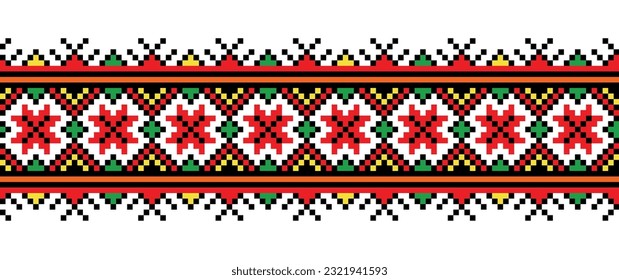 Patrón vectorial de bordado colorido ucraniano. Ornamento de la región de los Cárpatos. Arte de píxeles, vyshyvanka, punto de cruz. Folk ucraniano, patrón de frontera étnica, impresión textil o de tela.