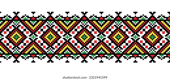 Ukrainian colorful embroidery vector pattern. Carpathian region ornament. Pixel art, vyshyvanka, cross stitch. Ukrainian folk, ethnic border pattern, textile or fabric print.