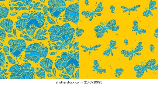 Colores ucranianos de estilo folk o campesino patrón sin fisuras. Patrones vectoriales azules y amarillos para textiles, impresión, sublimación.  Flores abstractas y mariposas.
