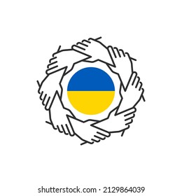 Ukrainian community teamwork icon. Unity and cooperation concept. People holding hands around Ukrainian flag.