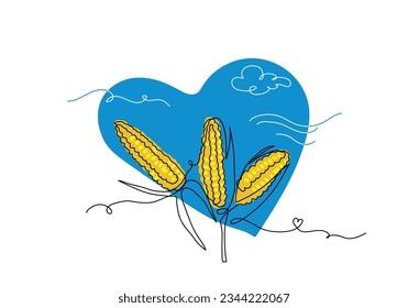 Ukrainian corn simple vector line art illustration. Ukrainian heart vector print in yellow and blue colors. One continuous line art drawing of corn.