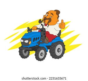 Ukrainian cossack farm worker on a small tractor