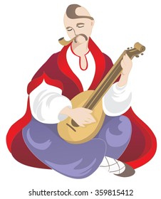 Ukrainian Cossack Mamay is sitting and playing on the kobza