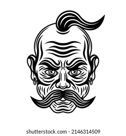 Ukrainian cossack with mustache vector illustration in monochrome vintage style isolated on white background