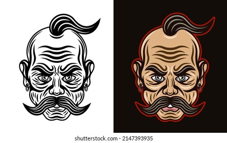 Ukrainian cossack with mustache vector illustration in two styles black on white and colorful on dark background