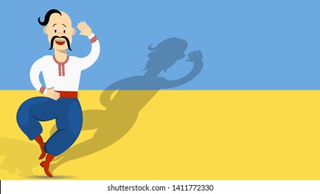 Ukrainian Cossack In National Dress Dancing Traditional Dance Hopak Against The Background Of The Flag Of Ukraine. Vector