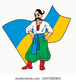 Ukrainian Cossack in national embroidered clothes with forelock and mustache with yellow-blue Color of Ukrainian flag.