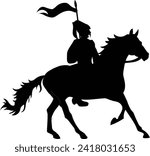 Ukrainian Cossack warrior with a banner on horseback. Black silhouette. Vector.