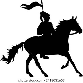 Ukrainian Cossack warrior with a banner on horseback. Black silhouette. Vector.