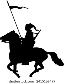 Ukrainian Cossack warrior with a flag on a horse that rushes into battle. Black silhouette. Vector..