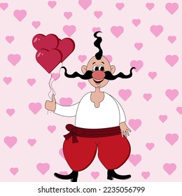 A Ukrainian Cossack in a white shirt and red trousers with a mustache and a traditional oseledets holds heart-shaped balloons in his hand on viva magenta background. Happy valentines day concept. 