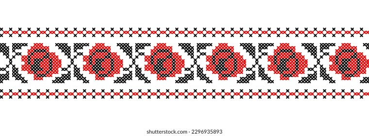 Ukrainian cross stitch roses pattern in red and black colors. Vector ornament, border, pattern. Ukrainian folk, ethnic floral embroidery. Pixel art, vyshyvanka, .