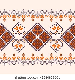 Ukrainian cross-stitch pattern with geometric pixel art flowers, orange and dark brown on a cream background. Traditional craft. Used in weaving and printing industry, carpets, cards, backgrounds.