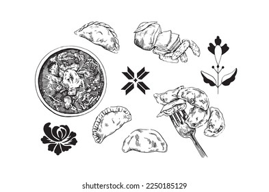 Ukrainian cuisine, borscht, dumplings, lard. Vector seamless pattern, sketch design.