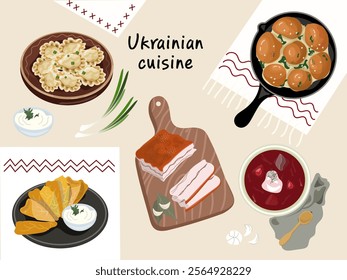 Ukrainian cuisine set. Traditional national Ukrainian dishes as borsch, cabbages, pampushky, dumplings, potato pancakes, lard.