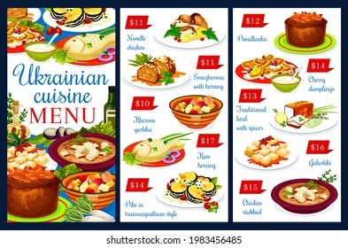 Ukrainian cuisine vector menu, chicken noodle, smazhenina with herring, Kherson yushka, kiev herring. Pike in transcarpathian style, povidlanka, traditional lard with spices or galushki, Ukraine food