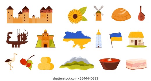 Cultura ucraniana, natureza e conjunto de adesivos de referência. Bandeira, tridente e mapa do país, comida da cozinha ucraniana e girassol, casa e paisagem das Montanhas Cárpatas desenho animado vetor ilustração