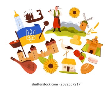 Ukrainian culture, nature and landmarks elements in infographic collage. Yellow and blue flag with coat of arms of Ukraine, brave cossack and village house, sunflower cartoon vector illustration