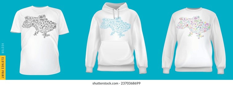 Diseño ucraniano impreso en ropa de moda. Camiseta de plantilla de colección, capucha, sudadera para marca de evento nacional o patriótico. Establecer el mapa de países de silueta de ilustración brillante creativa vector.