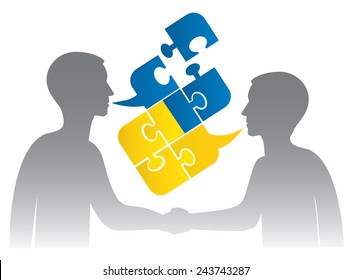 Ukrainian dialog. Two men shake hand and Puzzle bubble talk with a Ukrainian flag symbolizing Ukrainian conversation or bad political dialog and conflict. Vector illustration.