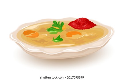 Queso de cabeza de plato ucraniano con rábano picante servido en plato. Ramas vectoriales de vegetación, porción fría y gelatinosa, comida nacional, diseño casero. Aislado sobre fondo blanco