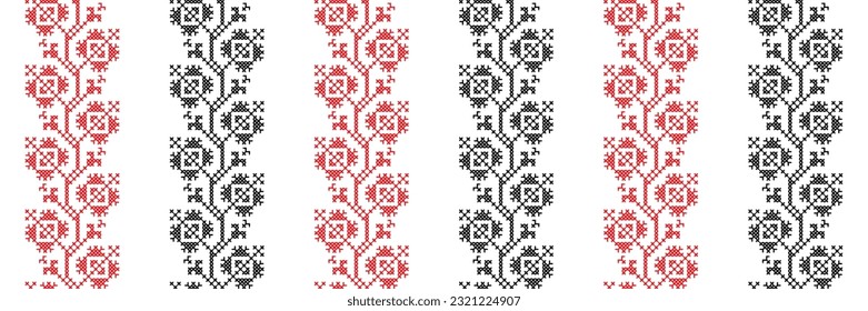 Ukrainian dog-rose, brier embroidery pattern in red and black color. Pixel art, vyshyvanka, cross stitch. Ukrainian ethnic, folk vector dog-rose pattern, ornament, print.