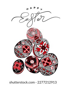 Ukrainian Easter eggs with traditional geometric painting in red and black colors