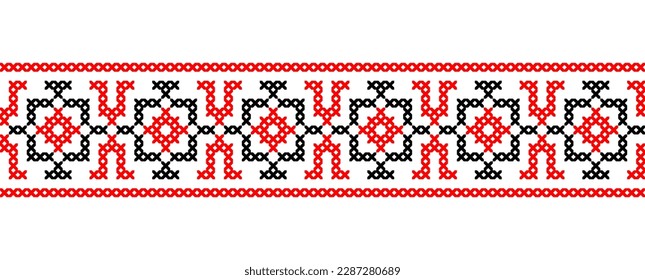 Ukrainian embroidery border pattern in red and black colors. Pixel art, vyshyvanka, cross stitch. Ukrainian folk, ethnic vector border pattern, ornament, print.