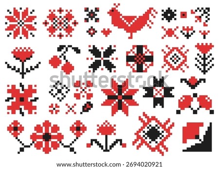 Ukrainian embroidery elements. Ethnic folk geometric patterns in floral and bird motif, vintage Ukrainian traditional ornament, decorative stitch flowers. Vector isolated set.