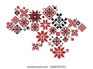 Ukrainian embroidery map. Topography of Ukraine with traditional national ornamental symbols and embroidery elements, country map with flowers and leaves. Vector illustration. Patriotic needlecraft