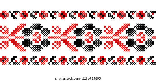 Ukrainisches Stickereimuster in Rot und Schwarz. Vektorschmuck, Rahmen, Muster. Ukrainisches Volk, ethnische Blumenstickerei. Pixelkunst, vyshyvanka, Kreuzstich.