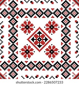 Ukrainian embroidery pattern. Seamless print of slavic traditional border with ethnic abstract figures. Vector Ukrainian fabric motif texture. Ornamental needlework design with floral motif