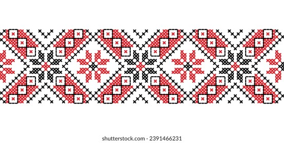 Ukrainian embroidery pattern for textile, fabric, cloth. Vector seamless pattern, print. Ukrainian folk embroidery, ethnic ornament. Pixel art, vyshyvanka, cross stitch.