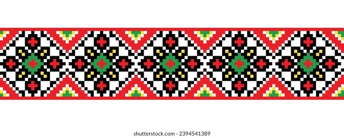 Ukrainian embroidery pattern for textile, fabric, cloth. Vector seamless pattern, print. Ukrainian folk embroidery, ethnic ornament. Pixel art, vyshyvanka, cross stitch.