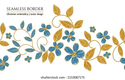 Ukrainian Embroidery Seamless Floral Border. Blue Flower Embroidered Arrangement