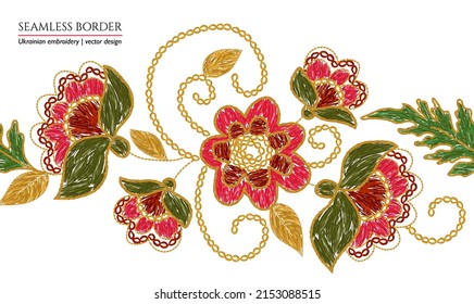 Ukrainian embroidery seamless floral border. Blue flower embroidered arrangement