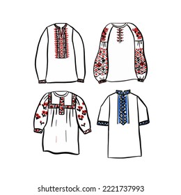 Ukrainian Embroidery Shirt Isolated Set. Vector Illustration of Sketch Doodle Hand drawn Cultural Clothes. svg